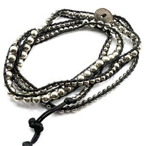 AeraVida bracelet metallic silver beads black leather cord wraps around wrist